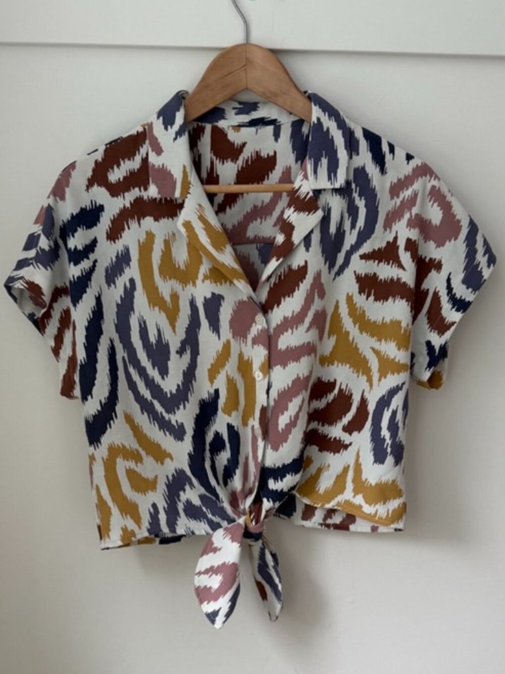 ABSTRACT Ikat Print Short Sleeve Tie Front Crop Top